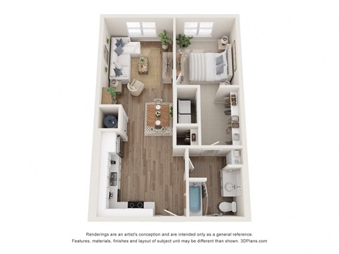 Floor plan for 1 bed, 1 bath, 858 sqft